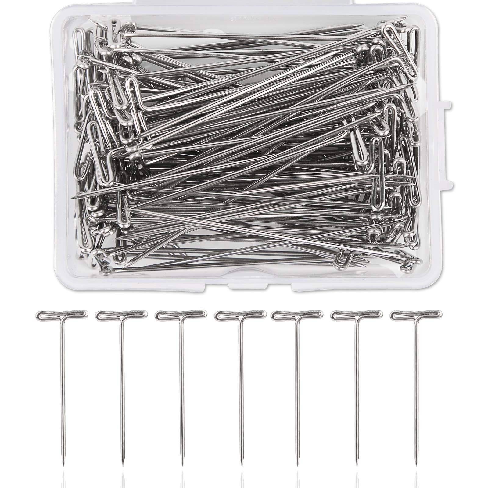 100 Pcs T-Pins, 1 Inch Stainless Steel Blocking Pins Stainless Steel T Pin with a Plastic Box, Wig Straight Pin for Wig Making Blocking Knitting Diy Crafts