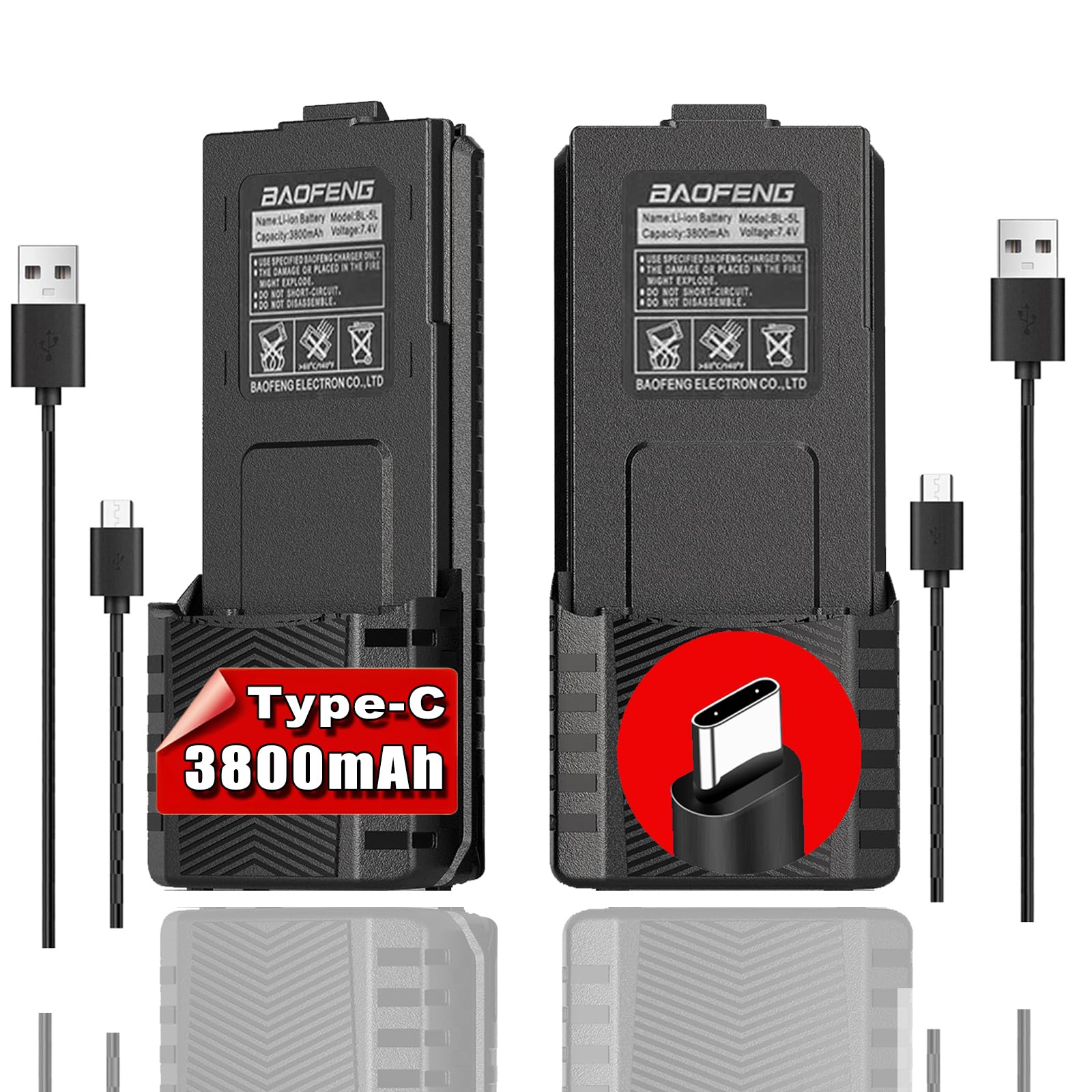 Photo 1 of BAOFENG BL-5L 3800mAh Extended Li-ion Battery Pack with USB-C Charging Cable High Capacity Extended Battery for UV-5X3, BF-F8HP UV-5R Series Radios (BL-5 Battery) - 2Pack Radio Battery Type-C