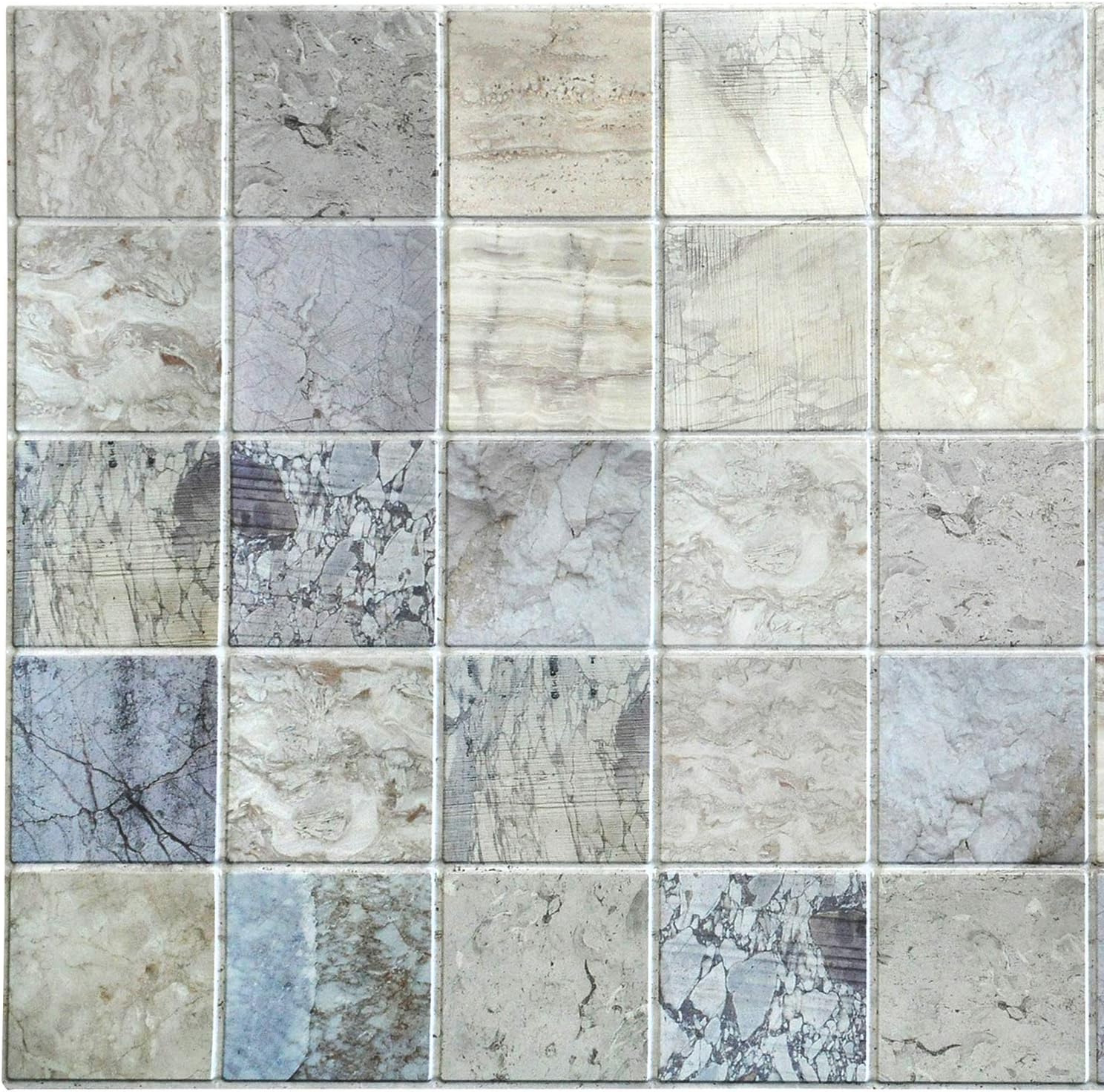 Dundee Deco PG7044 Blue Beige Faux Distressed Marble Squares, 3.2 ft x 1.6 ft, PVC 3D Wall Panel, Interior Design Wall Paneling Decor, 5 sq. ft.