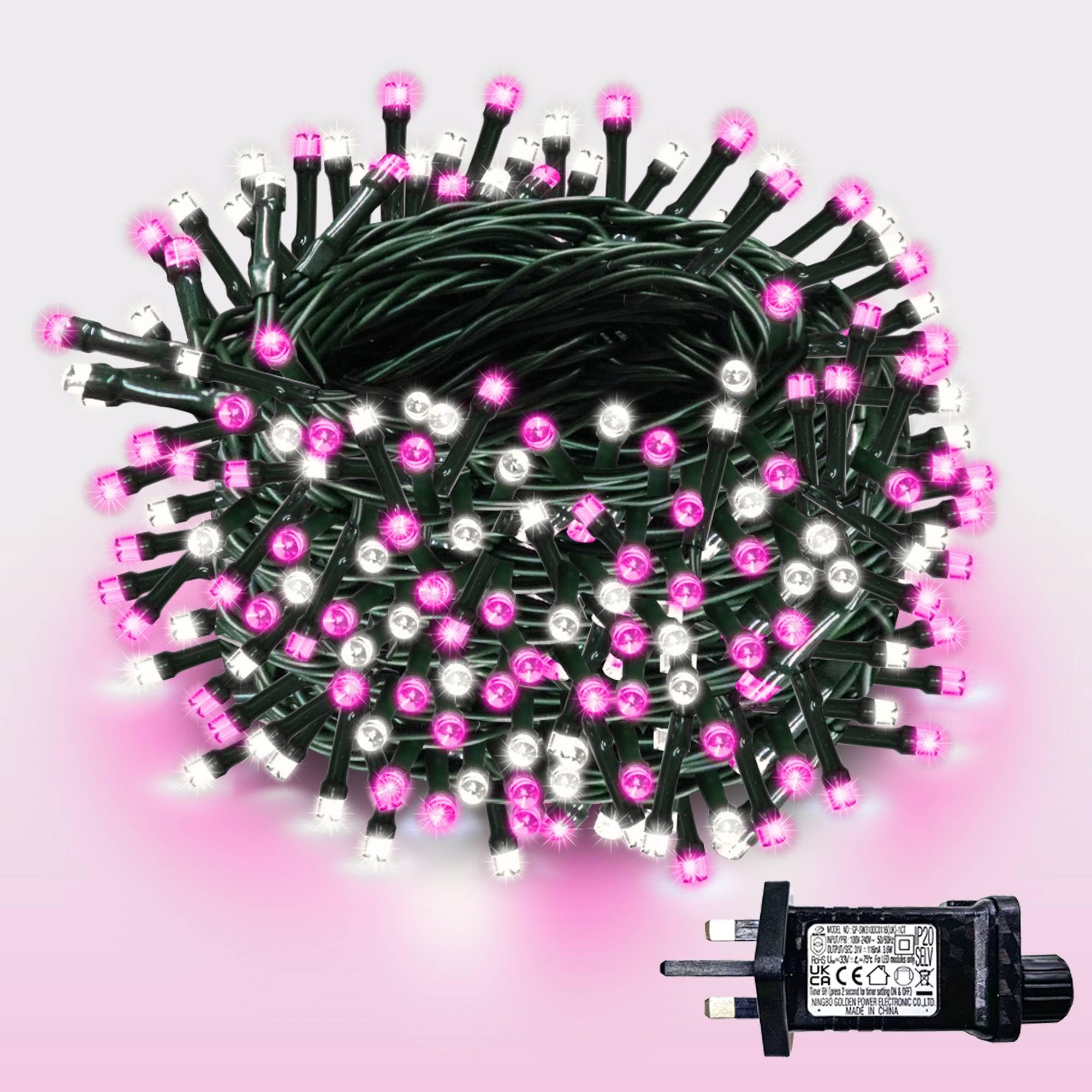 WISD Christmas Tree Lights - 200 LED 13M Dimmable Xmas Fairy Lights on Green Cable with 12 Modes, Timer and Memory - Plug in String Light for Indoor Outdoor Garden Bedroom Party Decor (Pink + White)