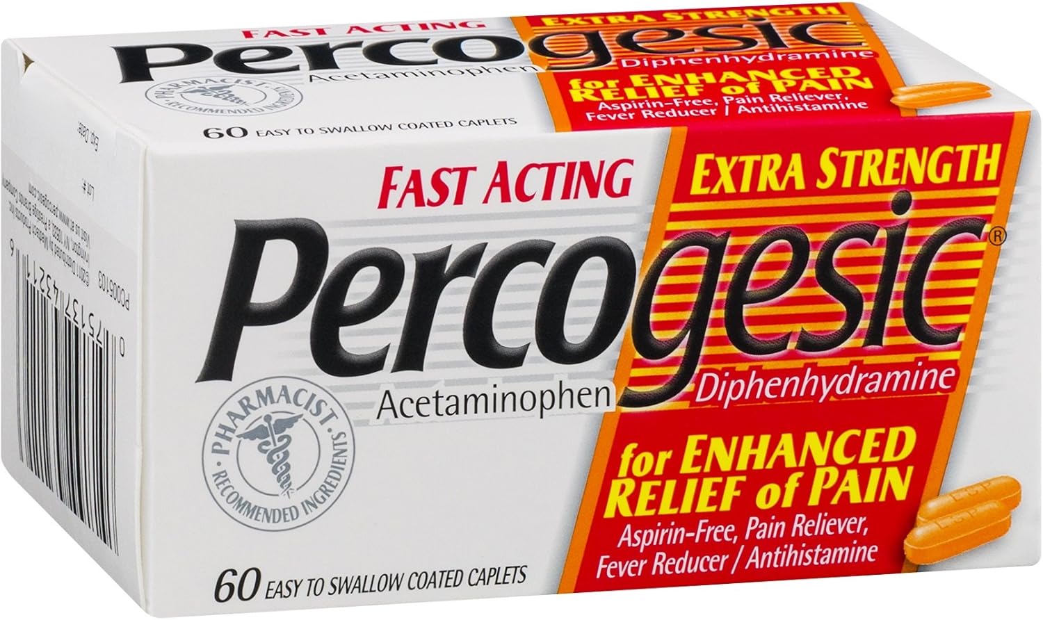 Percogesic Extra Strength, Acetaminophen and Diphenhydramine, 60 Tablets: Health & Personal Care