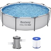 Bestway Steel Pro MAX 10' x 30" Above Ground Swimming Pool Set with Pump | Durable Round Metal Frame Outdoor Backyard Pool, Puncture-Resistant Liner - Type I Filter Cartridge Included, Gray