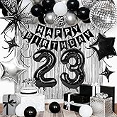23rd Birthday Decorations for Men Women, Black Silver Happy Birthday Party Decorations, 23 Year Old Party Supplies with Number 23 Balloons, Banner, Fringe Curtains Kit