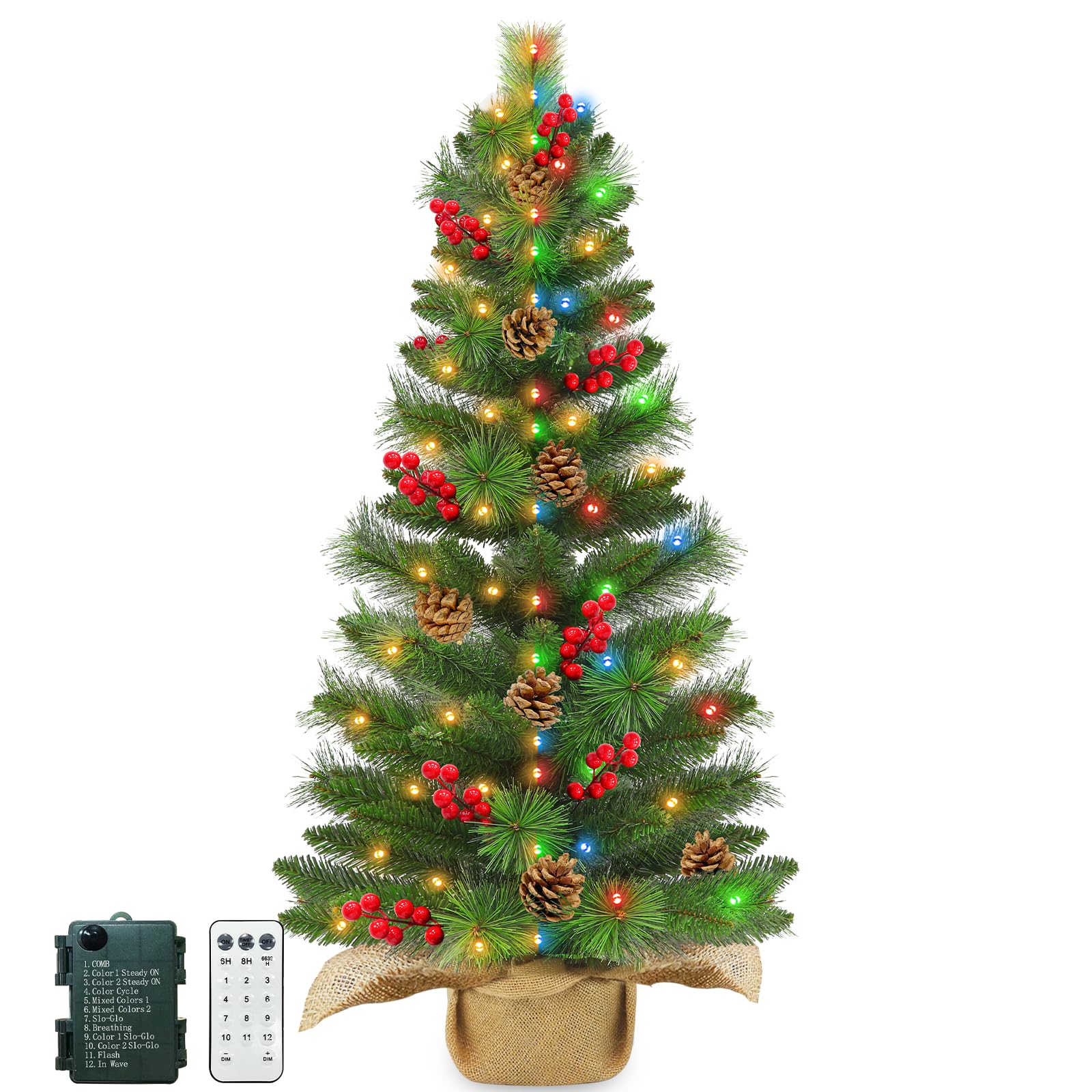 Photo 1 of *Missing Parts - Missing the lights*
3 Ft Small Christmas Tree Remote Control Artificial Tabletop Christmas Tree 50 Warm White&Colored Lights Battery Operated 12 Modes Timer Pinecones Red Berries Burlap Base Xmas Christmas Decorations