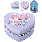 SALLY ROSE Stitch and Angel Travel Jewelry Case Official License, Heart-Shaped Mini Jewelry Box with Zipper, Valentines Gifts for Her