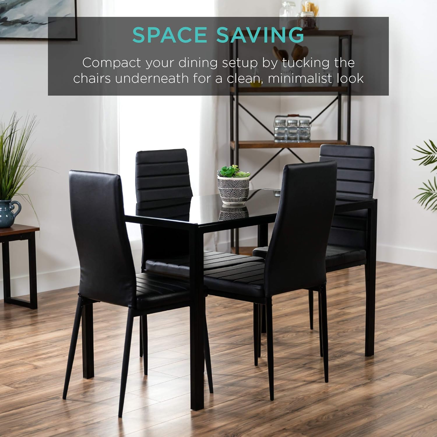 Best Choice Products 5-Piece Kitchen Dining Table Set for Dining Room, Kitchen, Dinette, Compact Space w/Glass Tabletop, 4 Faux Leather Metal Frame Chairs - Black - Table & Chair Sets