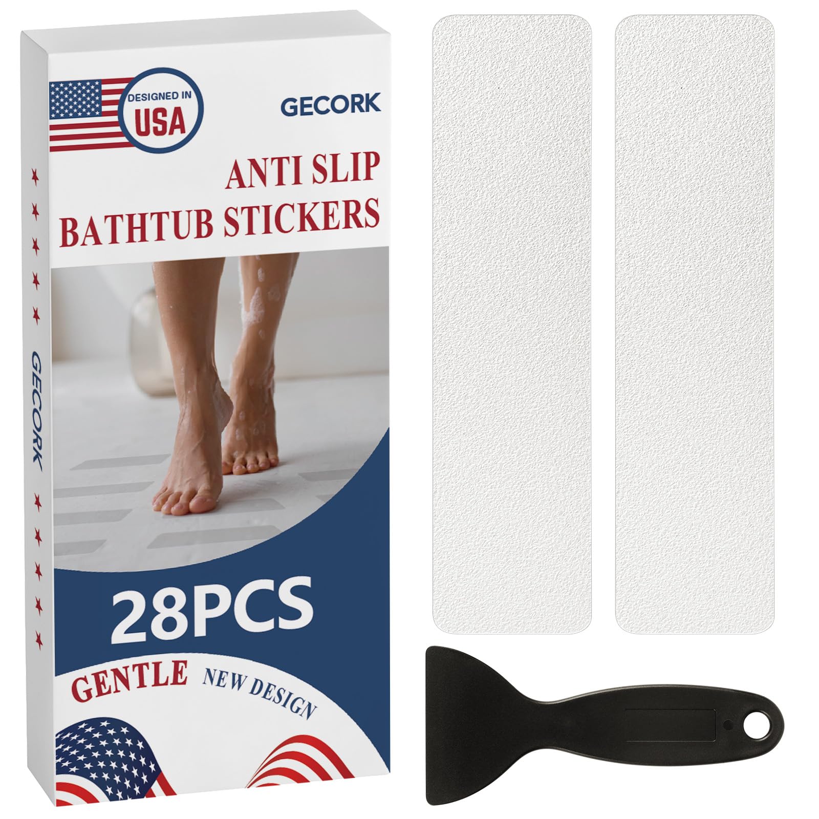 Photo 1 of Gecork 28 PCS Shower Floor Non Slip Stickers with Strong Adhesive, Invisible & Durable Anti Slip Shower Stickers with Scraper for Bath Tub, Pools and Stairs(Clear,Wide Rectangle)