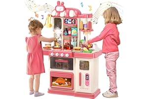 AIQI 47PCS Kids Kitchen Playset with Sound & Light, Cooking Stove with Steam, Play Sink and Toy Kitchen Accessories - Pretend Kitchen Play Food Toys for Boys and Girls, Toddler Kitchen Set (Red)