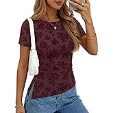 ZESICA Women's Summer Floral Short Sleeve Tops 2026 Mesh Crewneck Asymmetrical Ruched Fitted Going Out Shirts Y2K Clothes