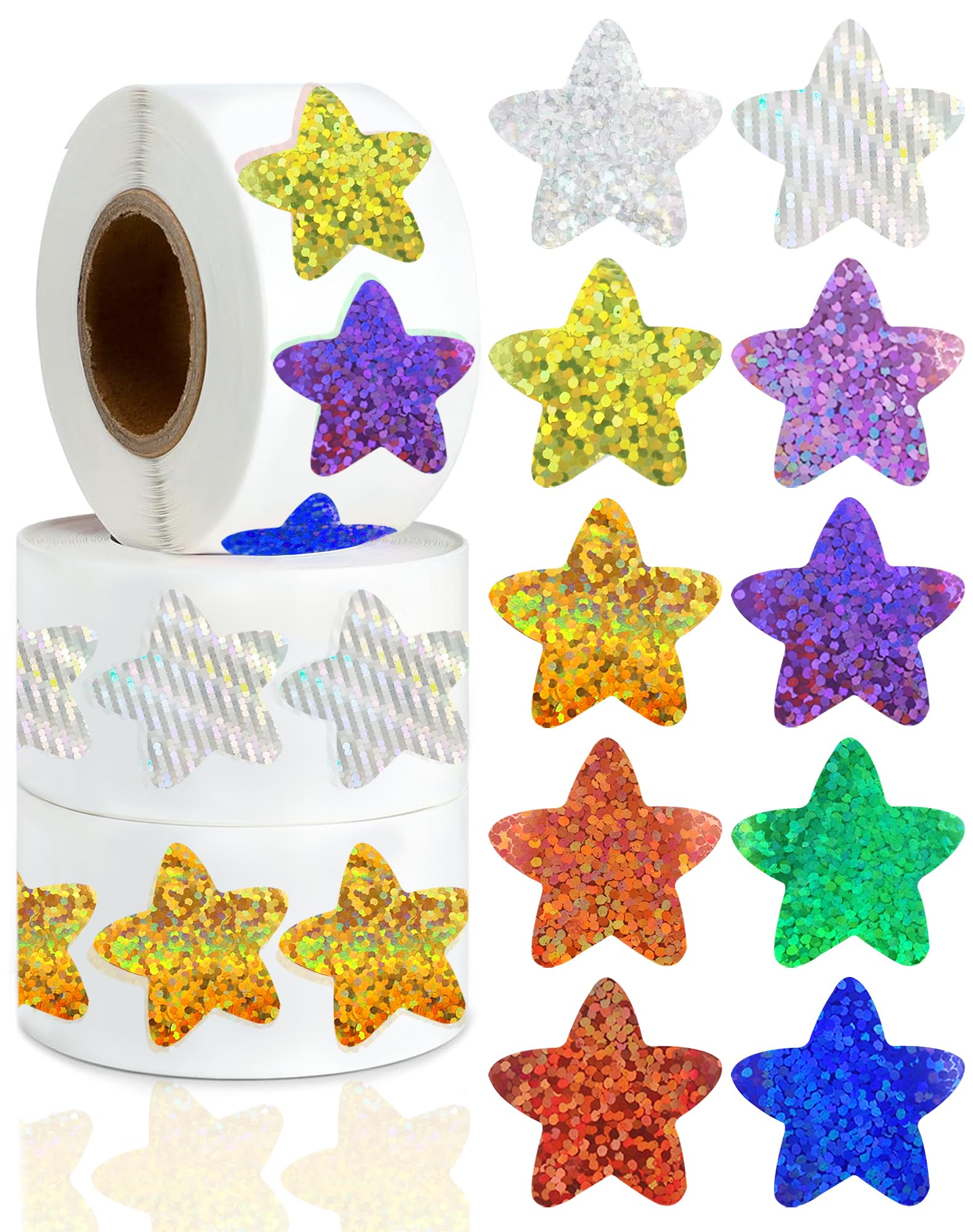 Anvin 1500Pcs Holographic Star Stickers Metallic Reward Stickers Roll Sparkly Behavior Chart Labels for Kids Classroom Teachers (2.5 cm, Silver Gold Colorful)