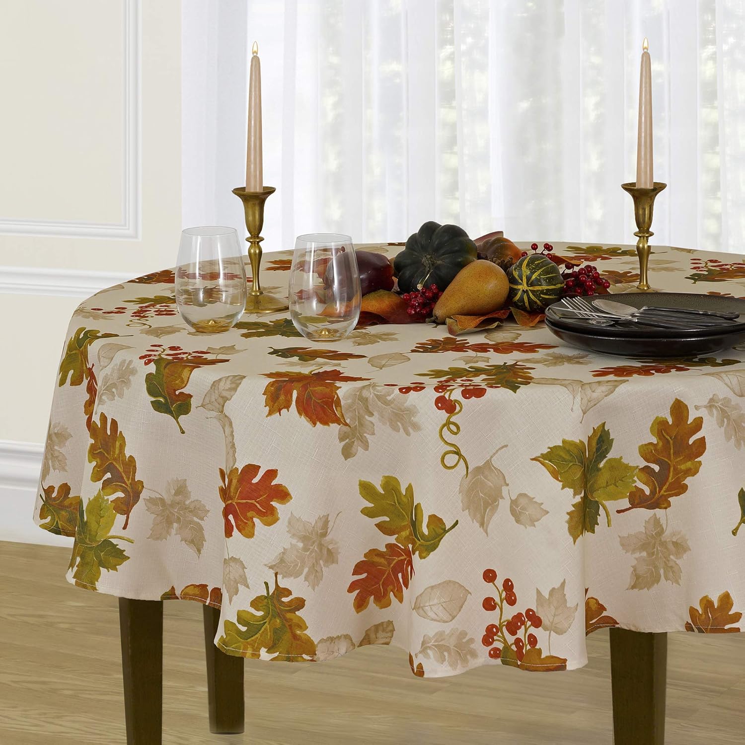 Elrene Home Fashions Swaying Leaves Allover Fabric Tablecloth for Thanksgiving/Fall/Harvest, 70" Round, Ivory: Home & Kitchen