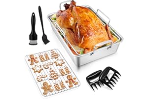 Roasting Pan with Rack for Turkey Chicken (7 Pcs), Joyfair Stainless Steel Roaster Pan Set, Deep Rectangular Lasagna Bakeware & Cooling Flat Rack/V-rack, Heavy Duty & Dishwasher Safe (Small)