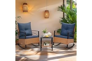 MELLCOM 3-Piece Patio Furniture Set, Outdoor Rocking Chair with Thick Cushions and 2-Tier Coffee Table, Wicker Rocker Bistro Set for Porch Deck Garden Poolside, Blue