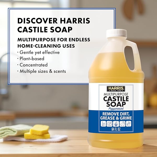 HARRIS MULTI-PURPOSE PURE LIQUID CASTILE SOAP FOR HOME CLEANING, MULTI-PURPOSE CLEANER, FOR DISH SOAP, LAUNDRY DETERGENT, KITCHEN AND BATHROOM SURFACES, KIDS ROOMS, SCENTED WITH PEPPERMINT OIL, 64 OZ
