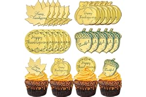 JJZXWISH 20Pcs Fall Harvest Themed Cupcake Topper, Happy Thanksgiving Cake Topper Acrylic Engraved Autumn Maple Leaves Pumpkin Turkey Cukcake Decorations for Fall Harvest Thanksgiving Day Party Supplies
