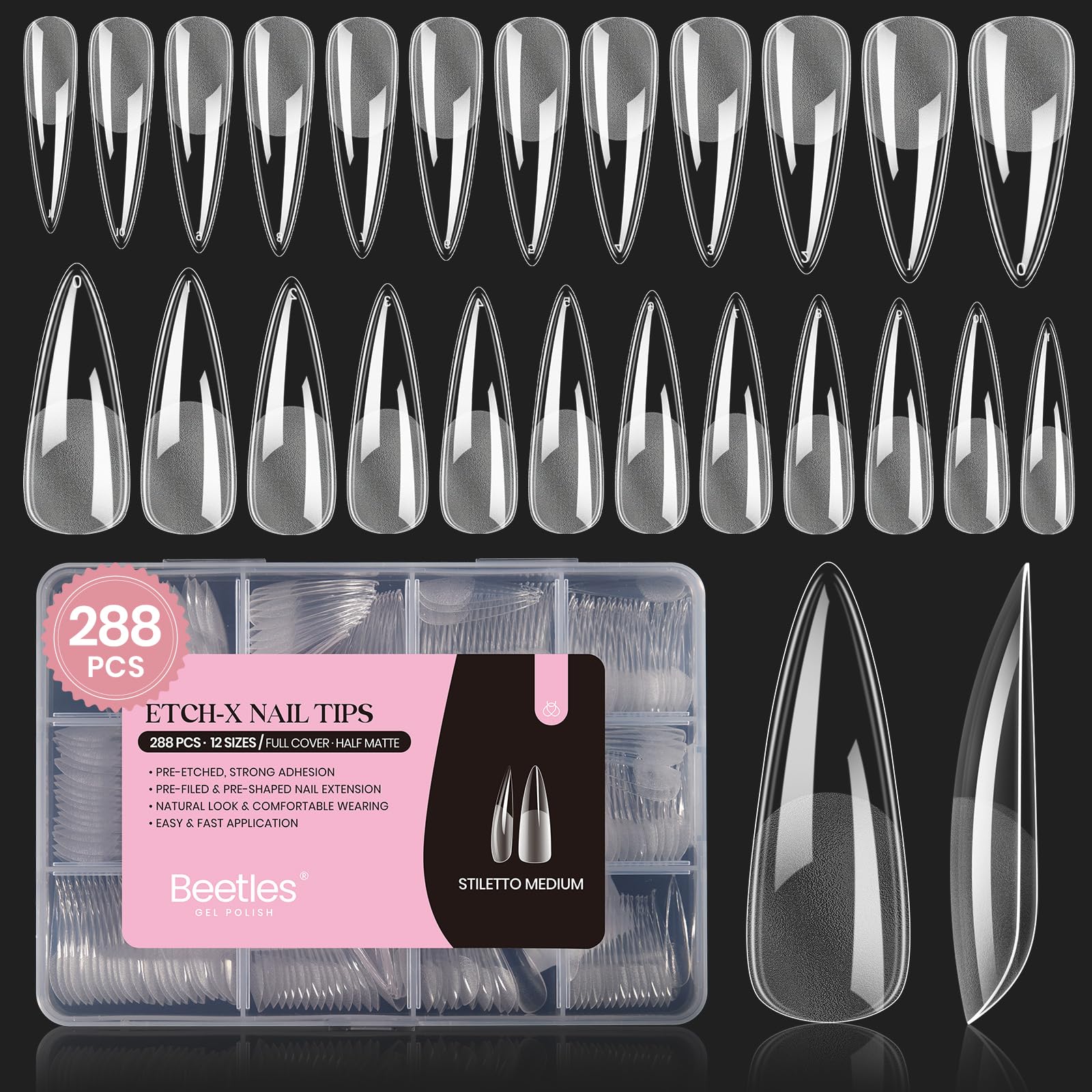 Beetles Stiletto Medium Nail Tips, 288 Pcs Pre-Shaped Etch X Nail Tips Fake Nails Soft Gel Nail Extension Acrylic Tips, Soak Off LED Nail DIY Salon at Home Gifts for Women