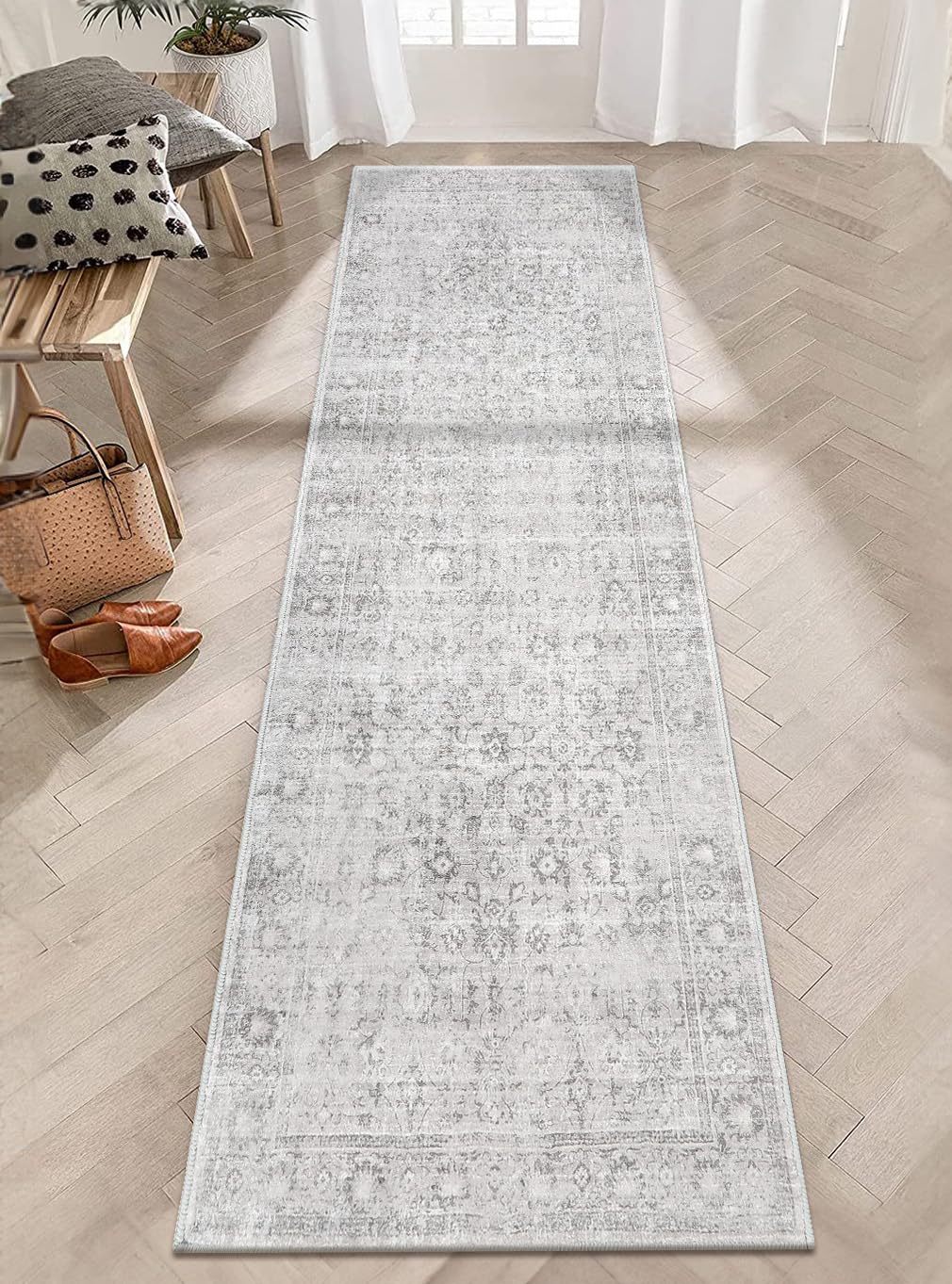Photo 1 of LIVEBOX Washable Runner Rug 2.5x8 - Long Grey Kitchen Rug, Low-Pile Floral Oriental Anti-Skid Carpet Runners for Hallway Bedroom Entryway, Silverygray