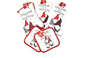 Greenbrier International Gnomes for The Holidays. 5 Piece Christmas Kitchen Set. 2 Kitchen Towels, 2 Pot Holders, and 1 Oven mitt!