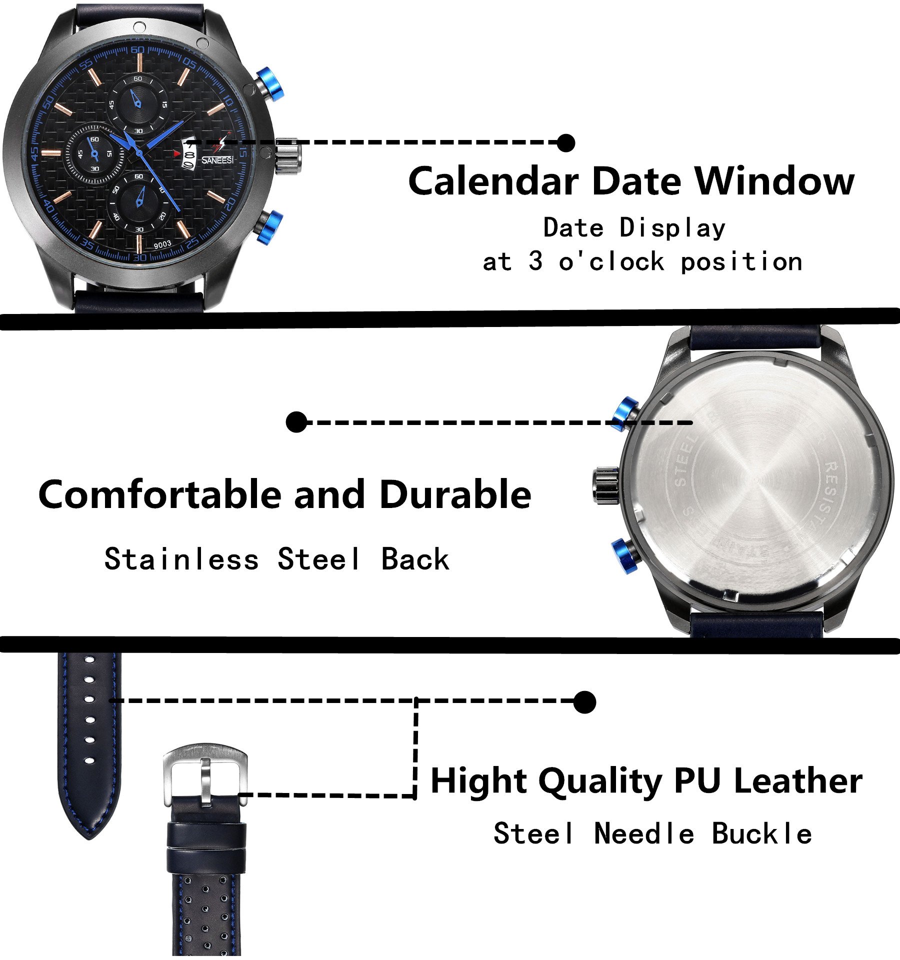 JSDDE Mens Sports Watch 3ATM Waterproof Analog Quartz All Black Leather Strap Calendar Date Window