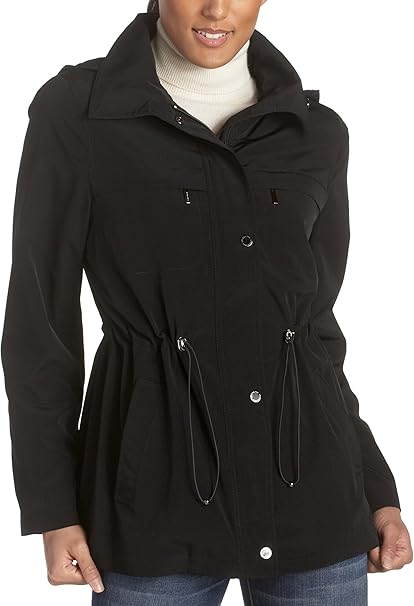 LONDON FOG Women's Drawstring Anorak with Hood, Black, Small at Amazon Women's Coats Shop