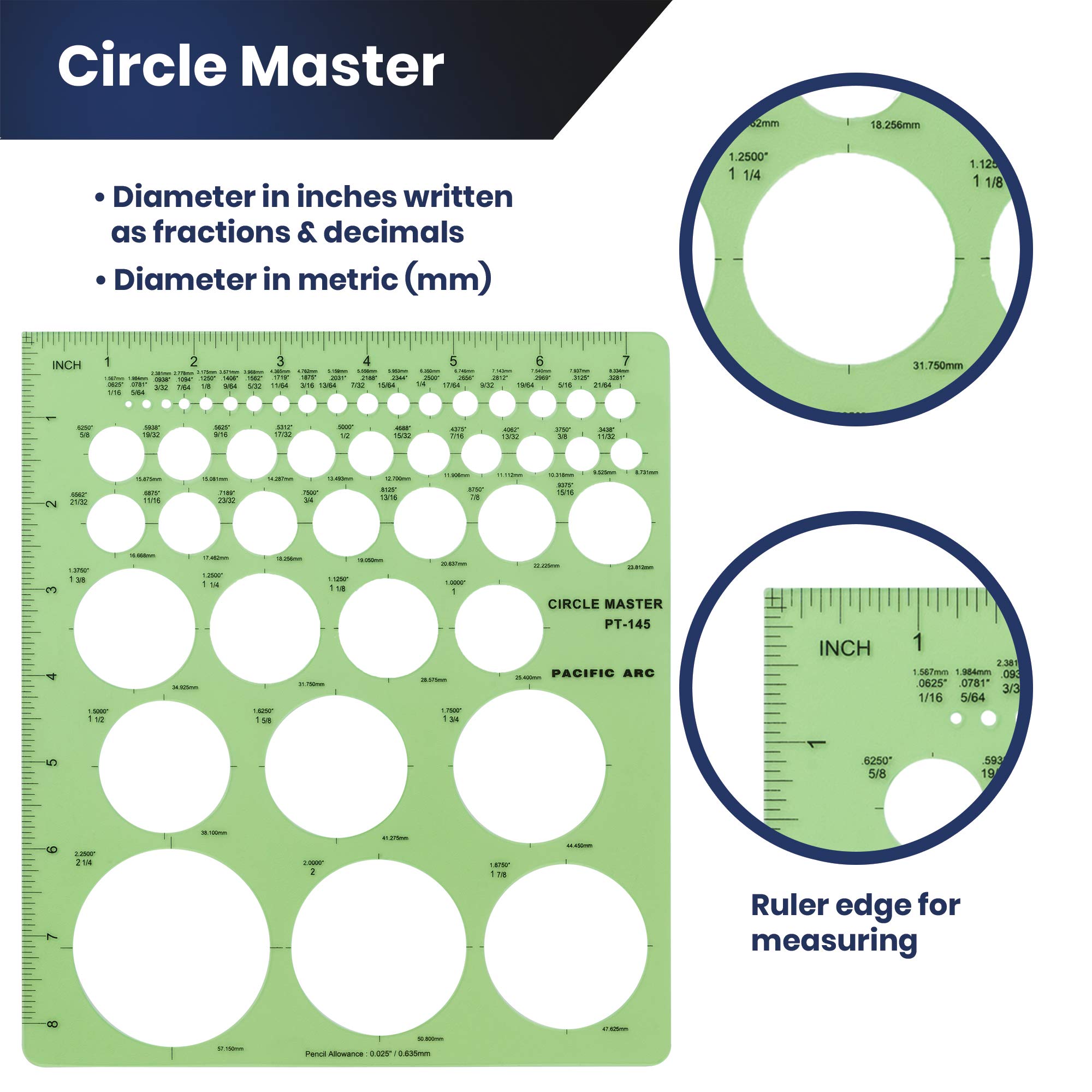 Pacific Arc Professional Circle Guide Template, 45 Total Circle from 1/16 Inch to 2.25 Inch with Inch Graduations