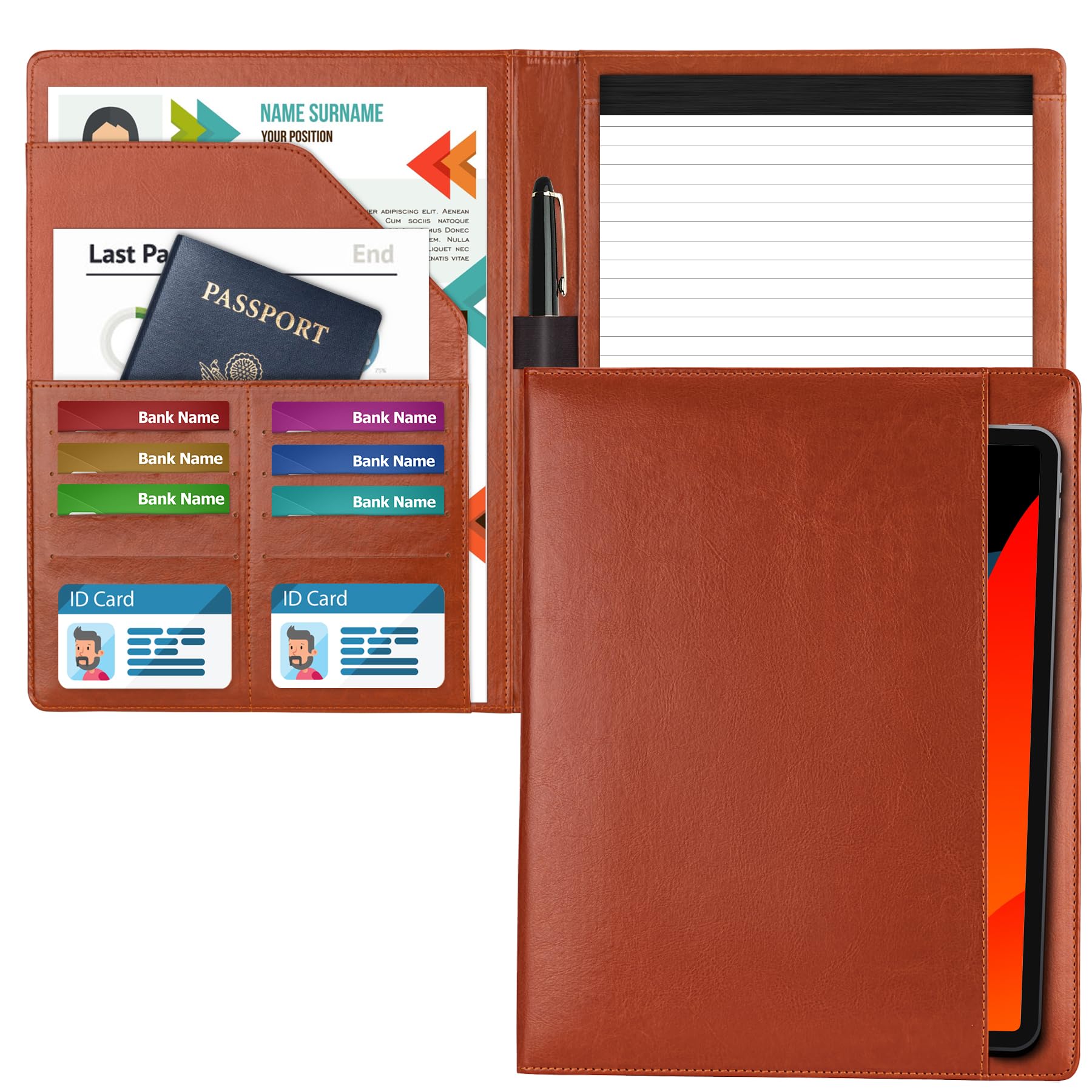 HAUTOCO Portfolio Folder A4 PU Leather Conference Folder with Multiple Card Slots, Document Holder Writing Padfolio for Business Organizer, Interview, Meeting & Resume, Brown