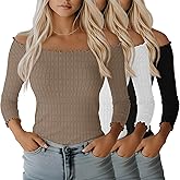 Velvelhall 3 Pack Women's 3/4 Sleeve Boat Neck Tops Lettuce Trim Jacquard Shirts Slim Fit Casual Layering Basic Tees(Black, White, Khaki,Large)