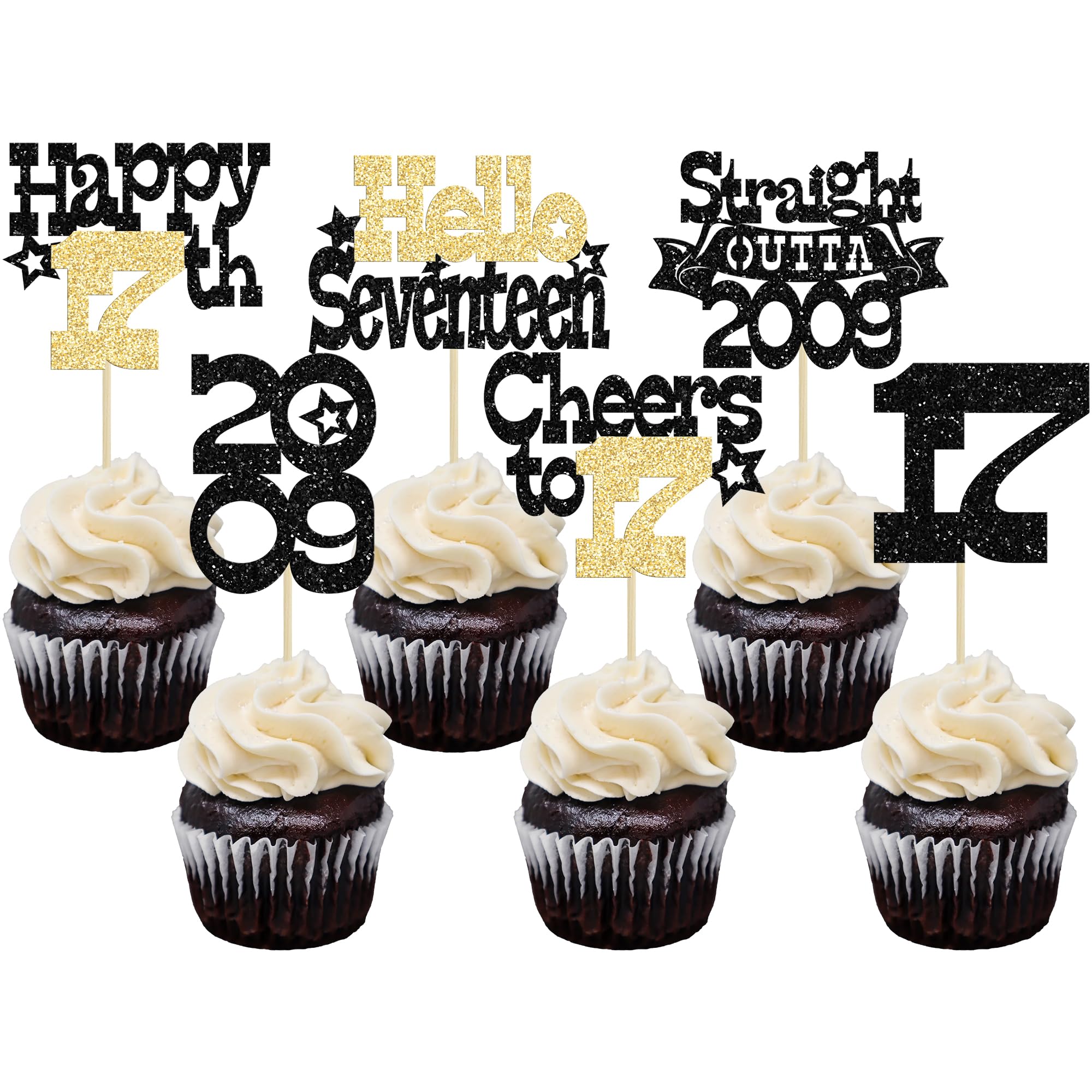 Ephlyn 30Pcs Straight Outta 2009 Cupcake Toppers Glitter Seventeen Happy 17th Birthday Cupcake Picks Cheers to 17 Years Cake Decorations for 17th Birthday Anniversary Party Supplies Black Gold