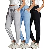 Real Essentials 3 Pack: Women's Ribbed Lounge Jogger Casual Pants Cuffed Sweatpants with Pockets (Available in Plus)
