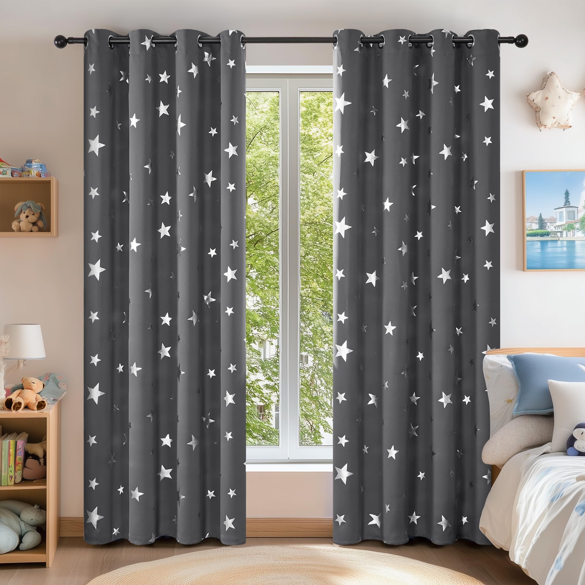 Deconovo Star Curtains 84in Drop Foil Printed Thermal Insulated Eyelet Blackout Curtains for Bedroom Kids 52 x 84 Dark Grey 1 Pair