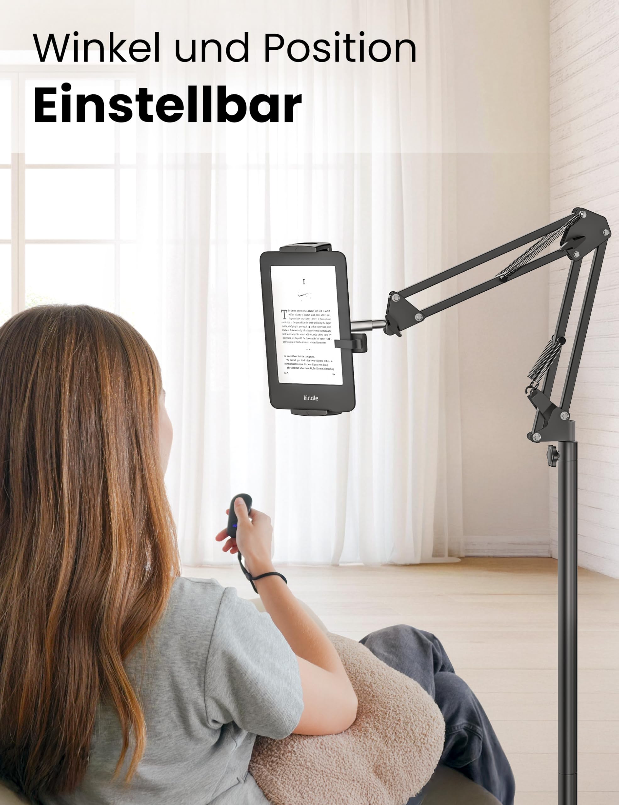 VOLTIFYMAX Tablet Bodenständer mit Kindle Fernbedienung, Verstellbarer Tablet Halterung für Kindle zubehör Paperwhite/Oasis/Kobo, iPad/Pro/Mini, Phone, Samsung Tab, 4.7-13 Zoll (schwarz) 3