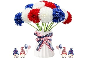 Tinsow 12 pcs Artificial Flower Patriotic Memorial Bouquet Red White and Blue Faux Ball Chrysanthemum Bouquet 4th of July Flowers Silk Flowers Arrangement for Home Party Centerpiece Vase Decor