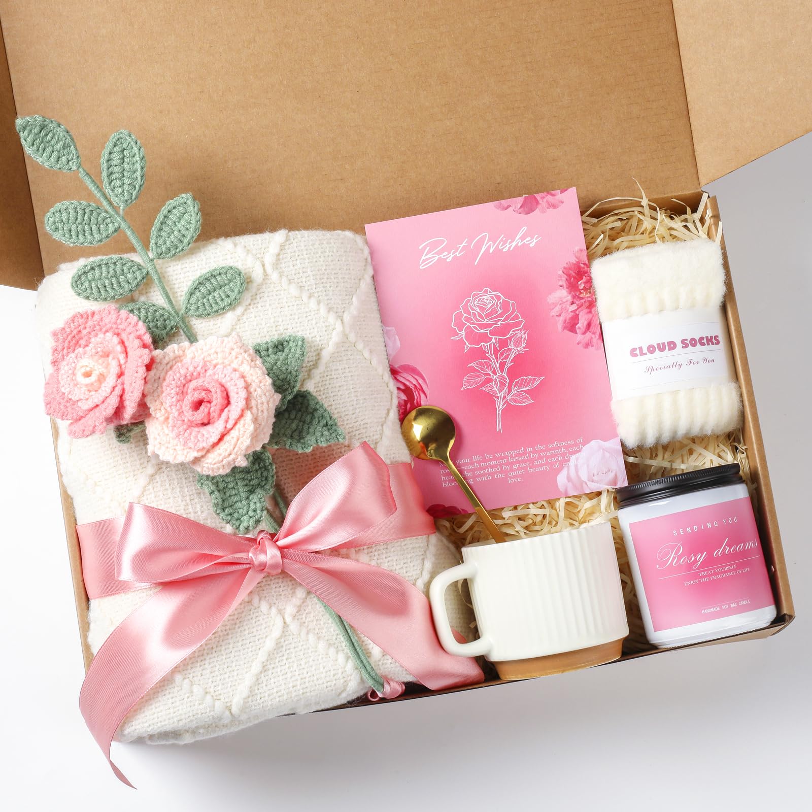 oolevassy Rose Birthday Gifts for Women, Gift Baskets for Women, Birthday Box for Woman, Hug in A Box, Get Well Basket, Birthday Gift Set, Self Care Gift Basket for Mom Her Friend Sister Wife Grandma