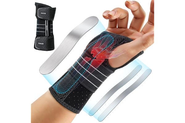 Rakiie Carpal Tunnel Wrist Brace, Adjustable Night Wrist Support with 3 Metal Splints, Hand Brace for Men Women No Pressure o