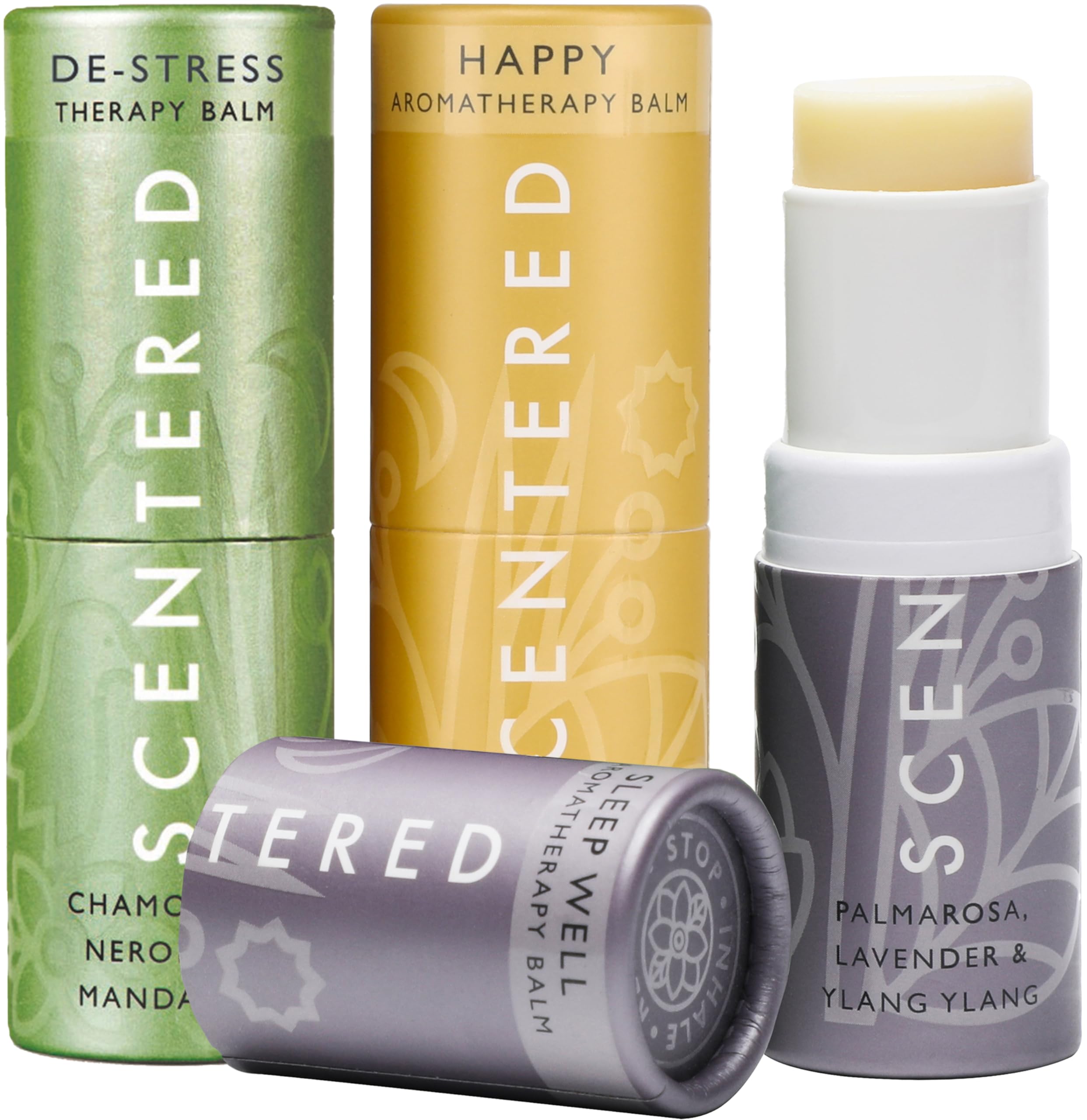 Scentered Aromatherapy Balm Gift Set - Positive & Relaxed - Pack of 3 Balms: Happy, De-Stress, Sleep Well - Lavender, Cedarwood, Rosemary Essential Oil - Mindfulness Gifts for Women