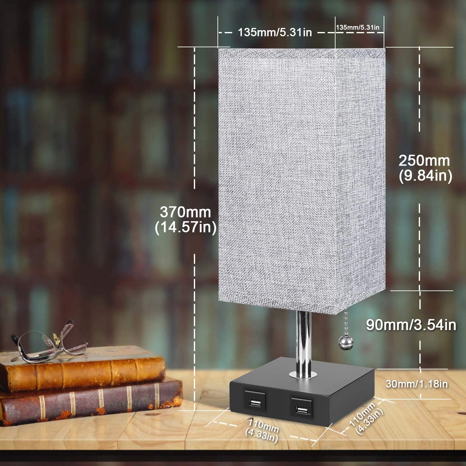 USB Table Lamp, Aooshine Bedside Table Lamps with 2 Useful USB Charging Ports, Solid Wood Nightstand Lamp with Grey Fabric Shade, Ambient Light Perfect for Bedroom, Living Room, Study Room (Pack of 2): Home Improvement