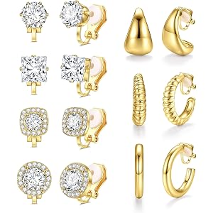 7 Pairs Gold Clip On Earrings for Women | Non Pierced Hypoallergenic Earring CZ Chunky Clip On Hoop Earrings 14K Gold Plated