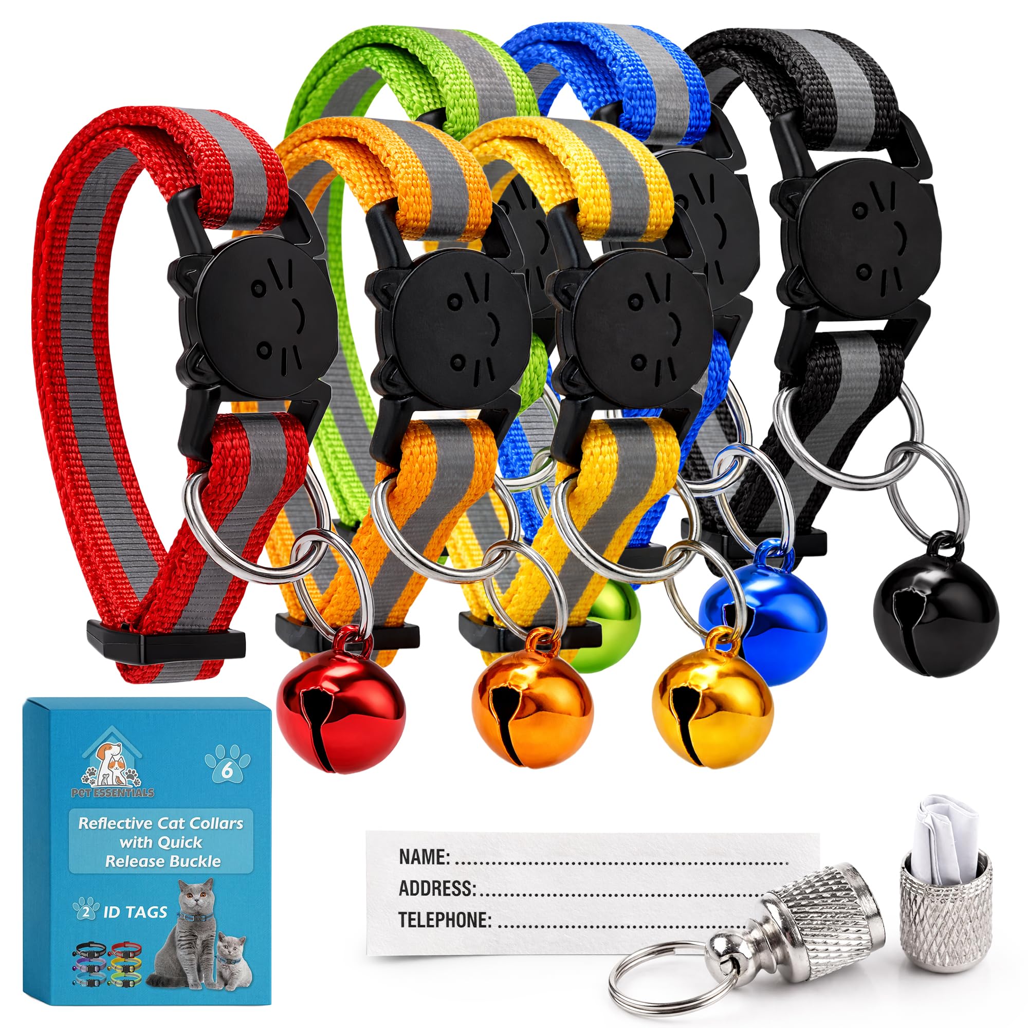SOL 6pk Reflective Cat Collars with Quick Release Buckle & 2 ID Tags, Adjustable & Comfortable, Durable Material, Includes Bell Perfect for Night Visibility & Everyday Wear for Cats & Kitten