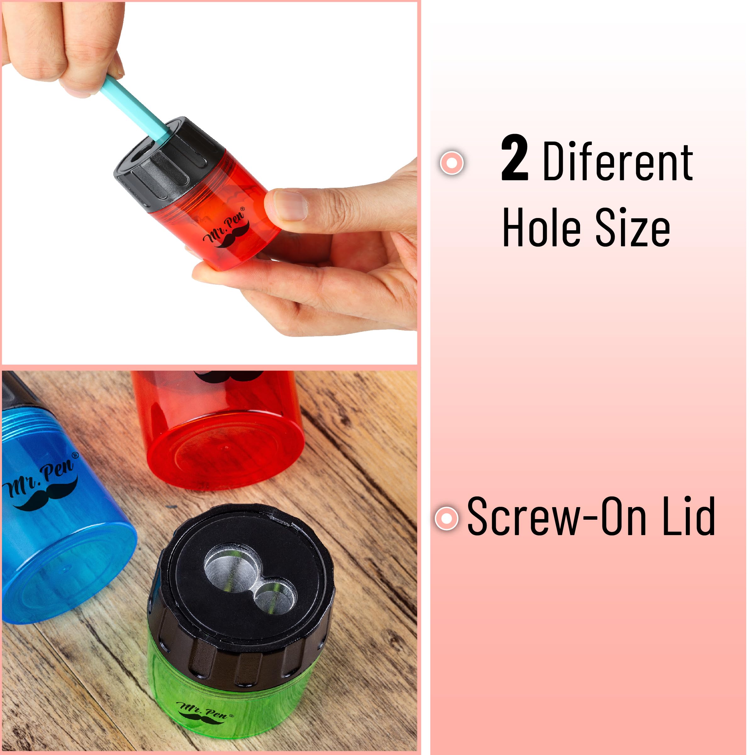 Mr. Pen- Handheld Manual Pencil Sharpener with 2 Sharpening Holes and Screw-On Lid, Pack of 6, Pencil Sharpeners, Colored Pencil Sharpener Manual, Back to School Supplies