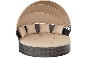 Crownland Round Outdoor Daybed with Retractable Canopy,Patio Daybed with Washable Cushions, Clamshell Sectional Seating, Wicker Furniture for Patio, Garden, Pool (Light Brown)