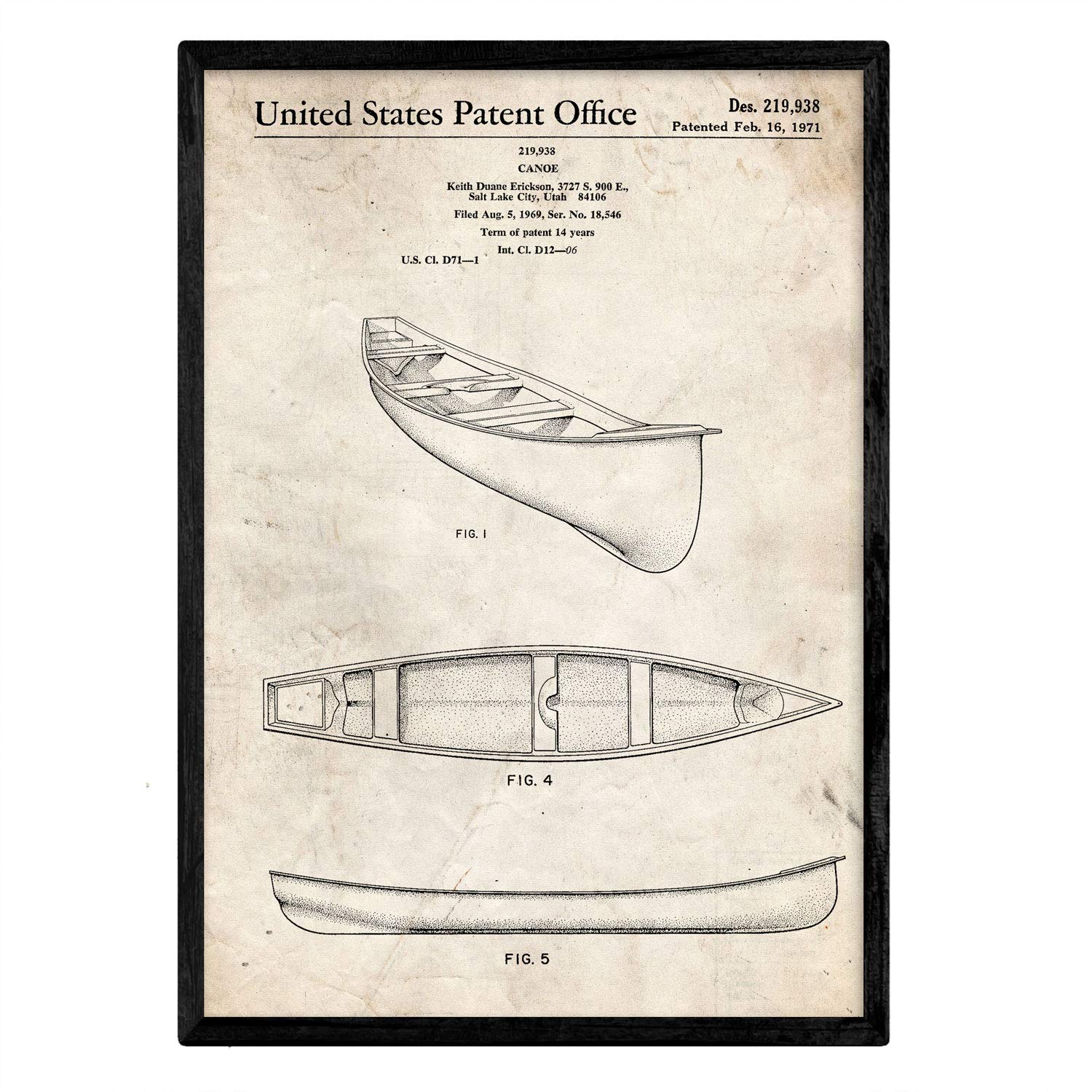 Nacnic patent Poster Kayak 1. Foil with old design patent in A3 size and vintage background