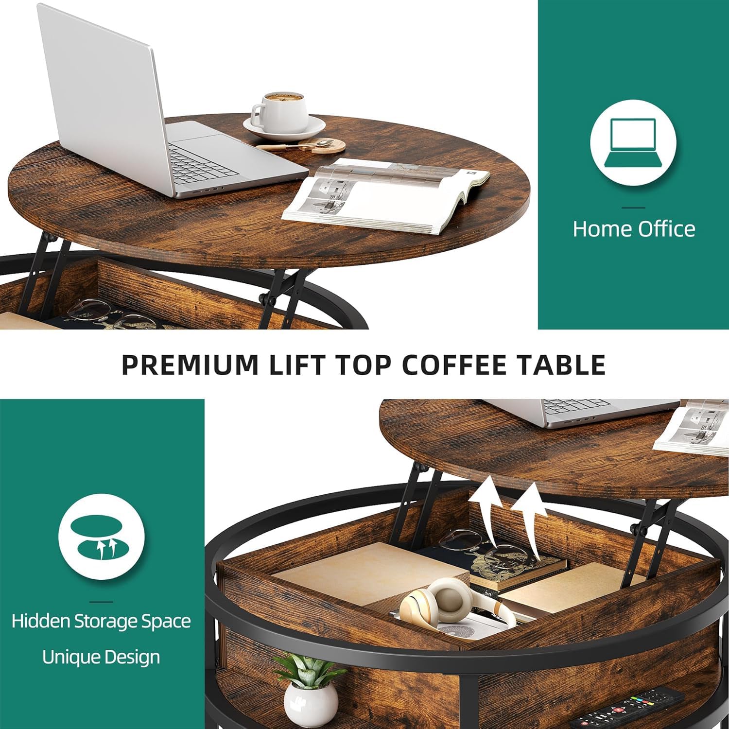 YITAHOME Couchtisch Rund mit Hebeplatte, Wohnzimmertisch mit verstecktem Ablagefach, Beistelltisch Rund mit Stauraum für Home Office, Runder Mitteltische Wohnzimmer 3