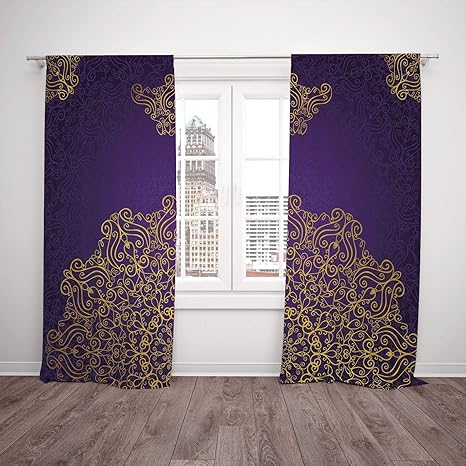 Thermal Insulated Blackout Window Curtain Gold Mandala Vintage