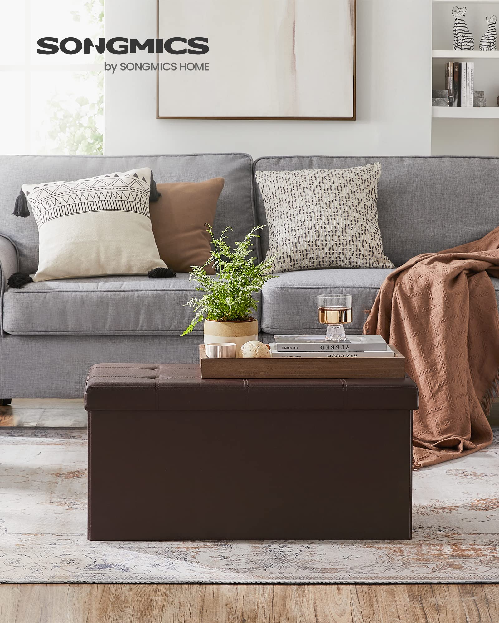 SONGMICS MAZIE Collection - 30 Inches Folding Storage Ottoman Bench, Ottoman with Storage, Foot Rest Stool, Load 660 lb, for Living Room, Synthetic Leather, Brown ULSF40Z