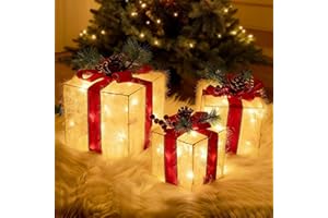 Areker Christmas Lighted Gift Boxes,60LED Set of 3 Christmas Decorations with Plug, 8 Modes Lighted Gift Boxes with Timer & M