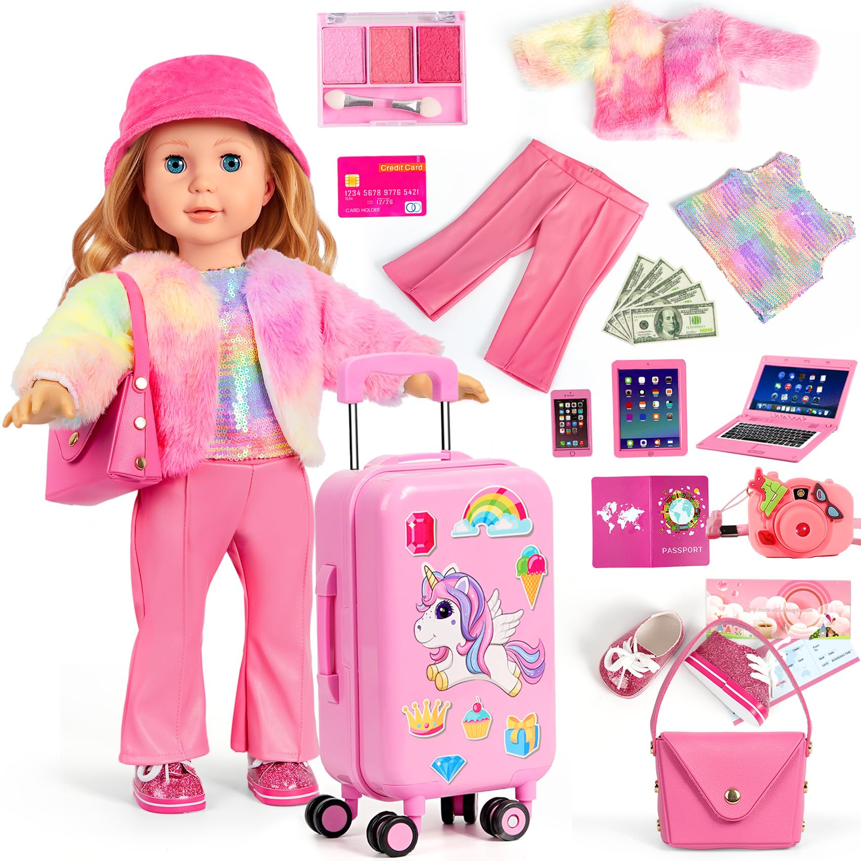 Photo 1 of WONDOLL 18 inch Doll Clothes and Accessories - Doll Travel Suitcase Luggage, Clothes and Shoes, Bag, Sunglasses, Camera, Passport, Notebook, Phone, pad Travel Gear Play Set(No Doll)