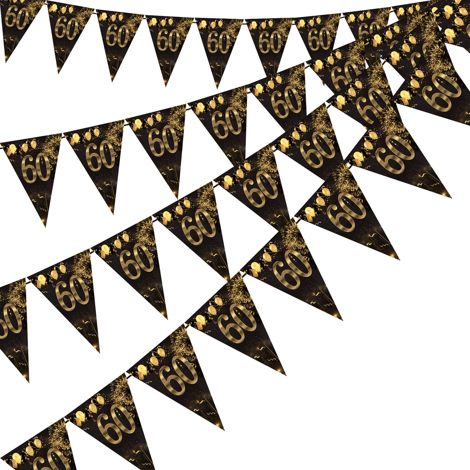 60th Happy Birthday Banner Bunting Flags 40 Pieces Gold and Black Glitter Birthday Anniversary Theme Party Decoration Supplies