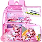 Clear Backpack for Girls and Boys, Kids Transparent Bookbag, 3PCS Cute See Through School Bag for Elementary Prechool