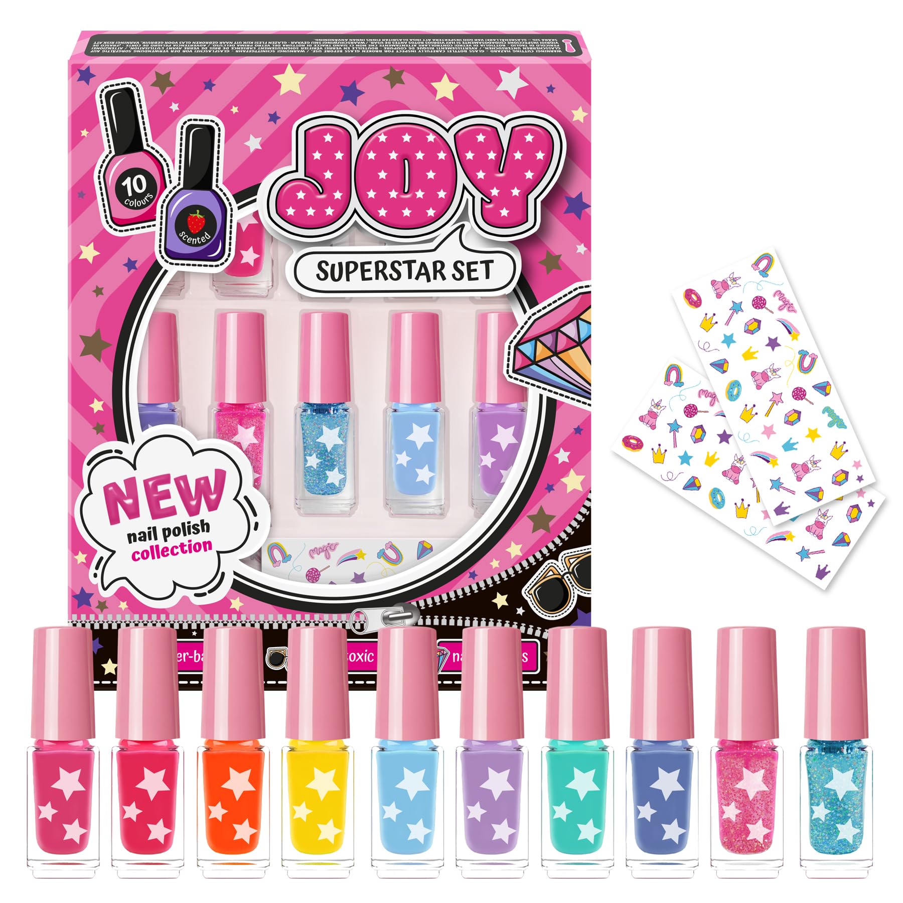 Joy Superstar Water-Based Peel-Off Nail Polish - 10 Colours (5 ml) with Nail Decals - Cosmetic Nail Polish, British Brand