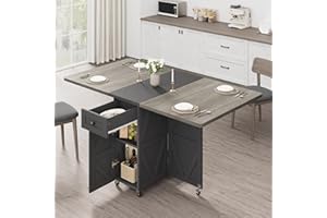 Jocoevol Space Saving Folding Dining Table for 4, Farmhouse Foldable Dining Table with Drawer and 2-Layer Storage Shelf, 6 Wheels Multipose Folding Kitchen Table for Small Space (Carlo Grey)